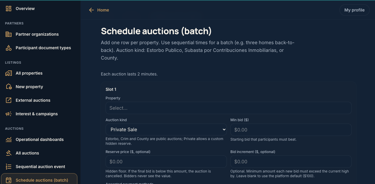 Visão geral da tela de Listings